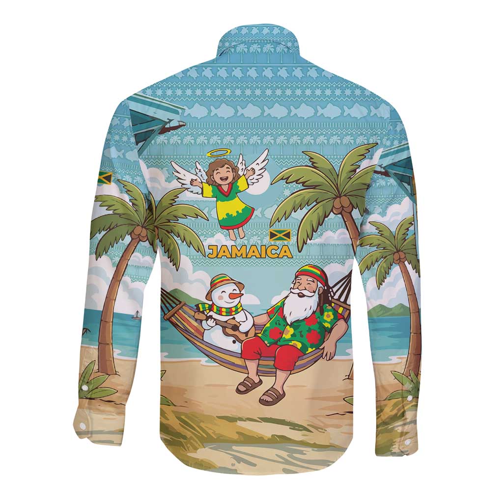 Jamaica Christmas Long Sleeve Button Shirt with Rasta Santa Snowman Hammock Angel Palm Trees and Tropical Beach Design - Wonder Print Shop