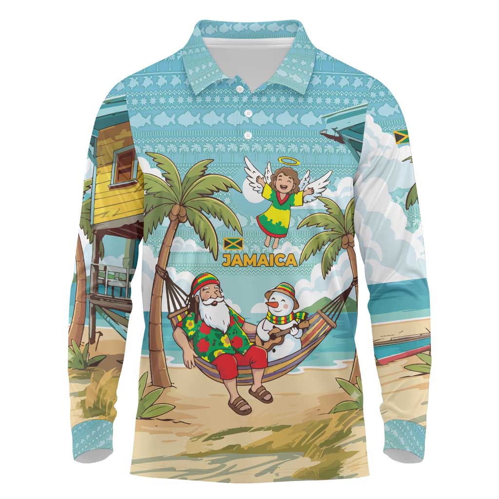 Jamaica Christmas Long Sleeve Polo Shirt with Rasta Santa Snowman Hammock Angel Palm Trees and Tropical Beach Design - Wonder Print Shop