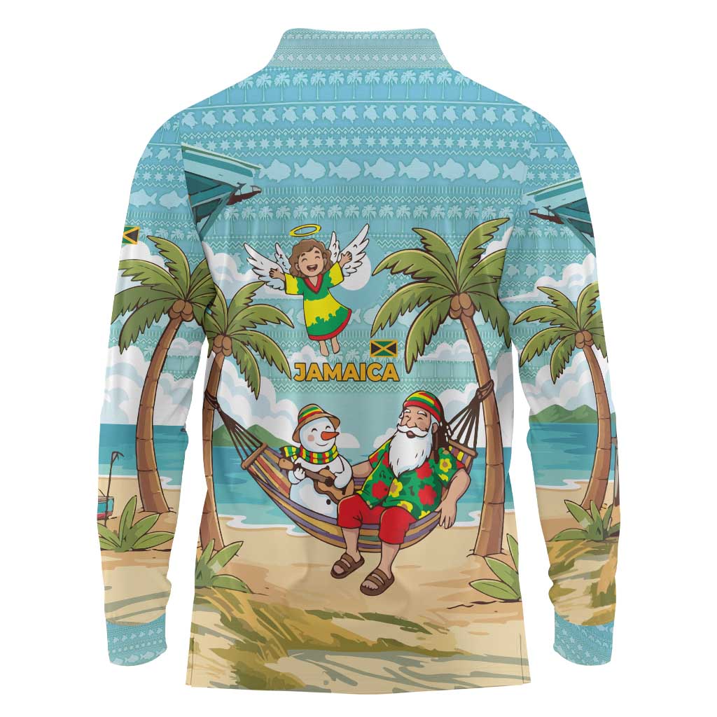 Jamaica Christmas Long Sleeve Polo Shirt with Rasta Santa Snowman Hammock Angel Palm Trees and Tropical Beach Design - Wonder Print Shop