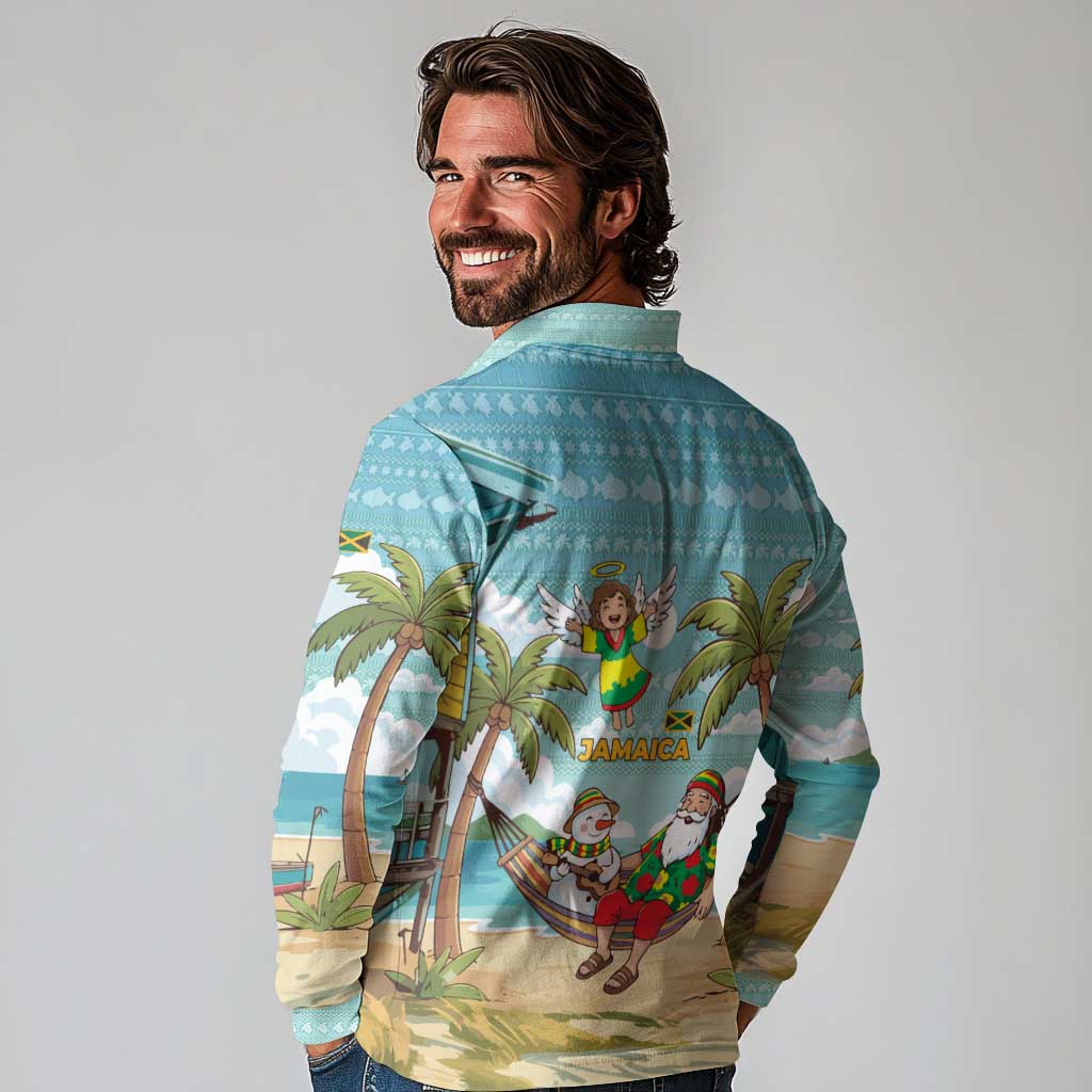 Jamaica Christmas Long Sleeve Polo Shirt with Rasta Santa Snowman Hammock Angel Palm Trees and Tropical Beach Design - Wonder Print Shop