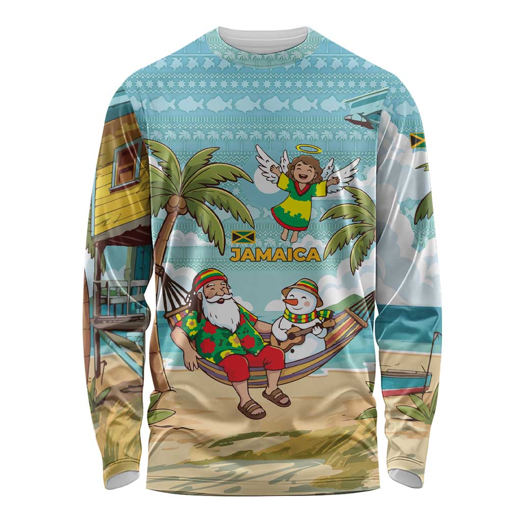 Jamaica Christmas Long Sleeve Shirt with Rasta Santa Snowman Hammock Angel Palm Trees and Tropical Beach Design - Wonder Print Shop