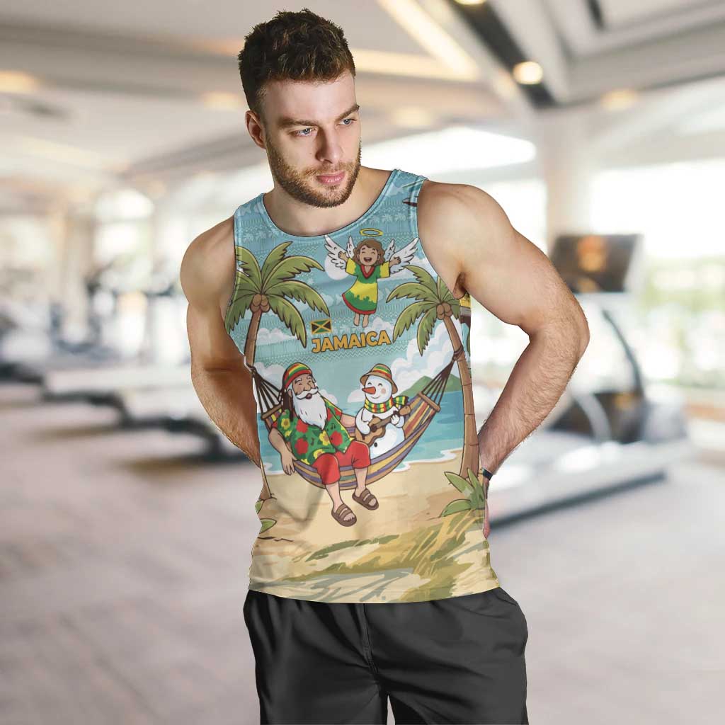 Jamaica Christmas Men Tank Top with Rasta Santa Snowman Hammock Angel Palm Trees and Tropical Beach Design - Wonder Print Shop