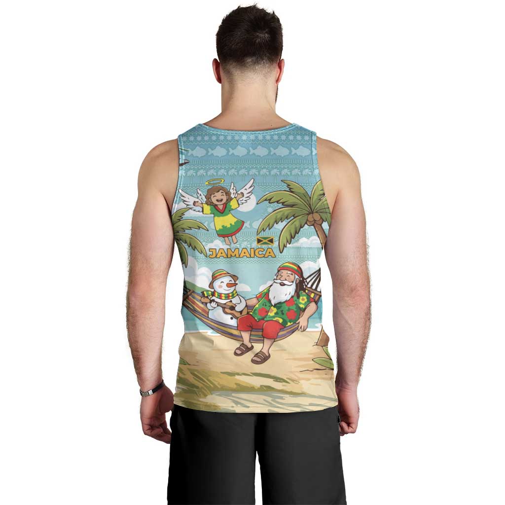 Jamaica Christmas Men Tank Top with Rasta Santa Snowman Hammock Angel Palm Trees and Tropical Beach Design - Wonder Print Shop