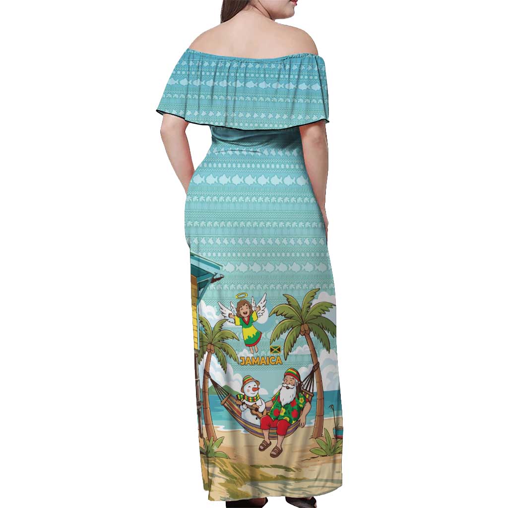 Jamaica Christmas Off Shoulder Maxi Dress with Rasta Santa Snowman Hammock Angel Palm Trees and Tropical Beach Design - Wonder Print Shop