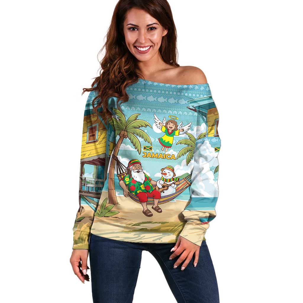 Jamaica Christmas Off Shoulder Sweater with Rasta Santa Snowman Hammock Angel Palm Trees and Tropical Beach Design - Wonder Print Shop