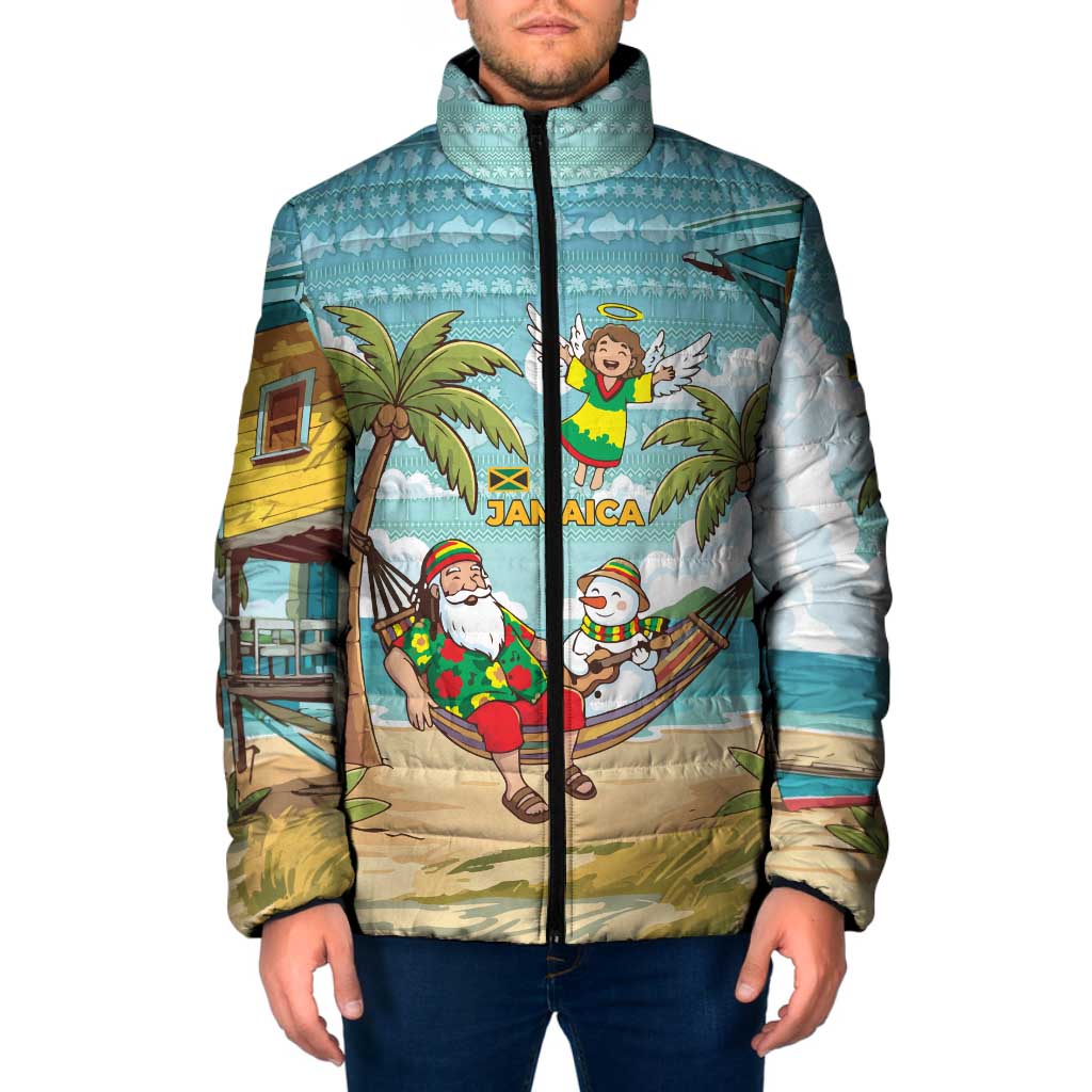 Jamaica Christmas Padded Jacket with Rasta Santa Snowman Hammock Angel Palm Trees and Tropical Beach Design - Wonder Print Shop