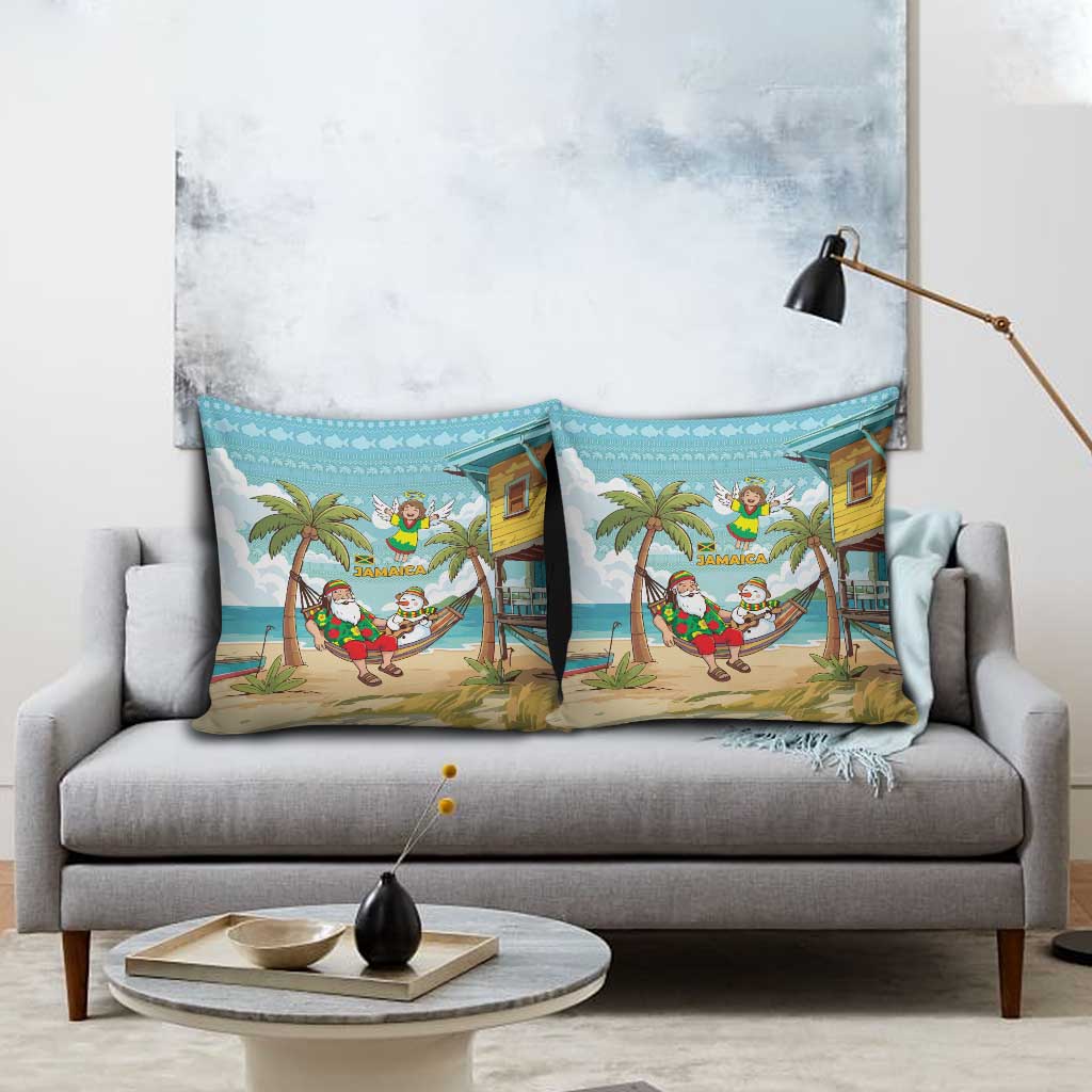 Jamaica Christmas Pillow Cover with Rasta Santa Snowman Hammock Angel Palm Trees and Tropical Beach Design - Wonder Print Shop