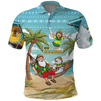 Jamaica Christmas Polo Shirt with Rasta Santa Snowman Hammock Angel Palm Trees and Tropical Beach Design - Wonder Print Shop