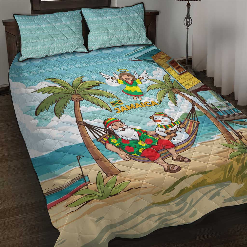 Jamaica Christmas Quilt Bed Set with Rasta Santa Snowman Hammock Angel Palm Trees and Tropical Beach Design - Wonder Print Shop