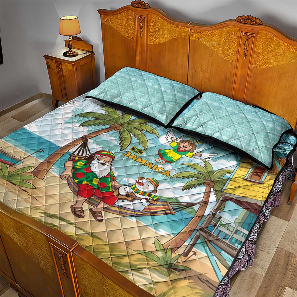 Jamaica Christmas Quilt Bed Set with Rasta Santa Snowman Hammock Angel Palm Trees and Tropical Beach Design - Wonder Print Shop
