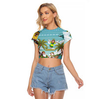 Jamaica Christmas Raglan Cropped T Shirt with Rasta Santa Snowman Hammock Angel Palm Trees and Tropical Beach Design - Wonder Print Shop