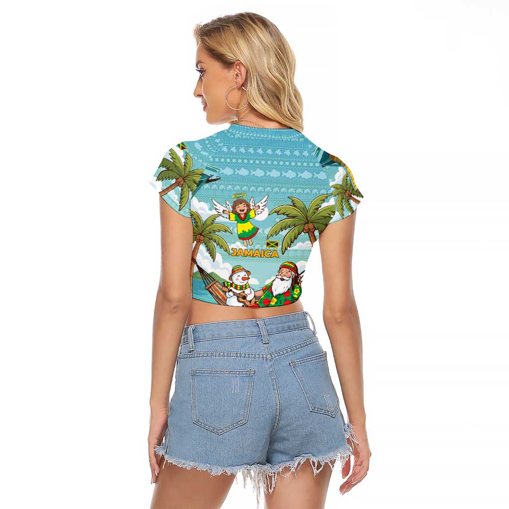 Jamaica Christmas Raglan Cropped T Shirt with Rasta Santa Snowman Hammock Angel Palm Trees and Tropical Beach Design - Wonder Print Shop