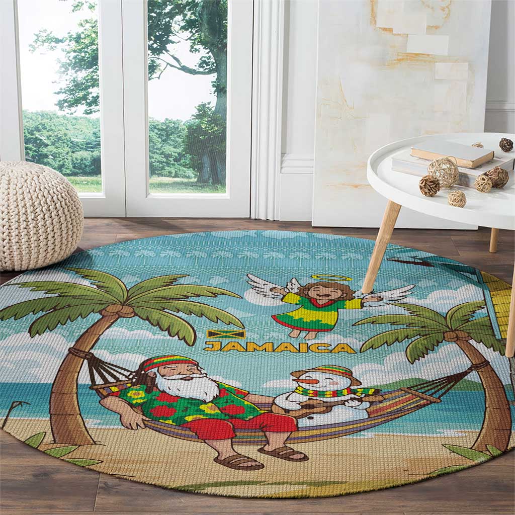 Jamaica Christmas Round Carpet with Rasta Santa Snowman Hammock Angel Palm Trees and Tropical Beach Design - Wonder Print Shop