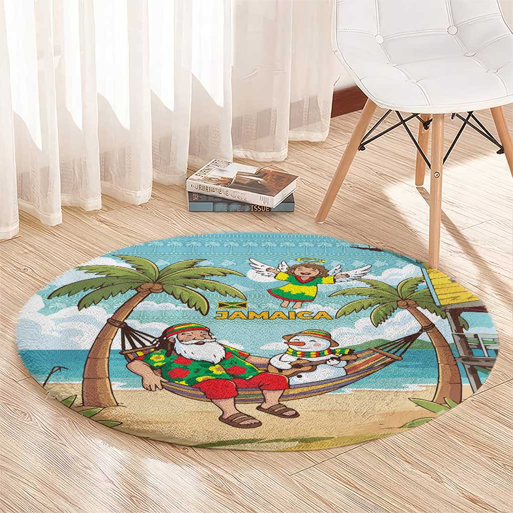 Jamaica Christmas Round Carpet with Rasta Santa Snowman Hammock Angel Palm Trees and Tropical Beach Design - Wonder Print Shop