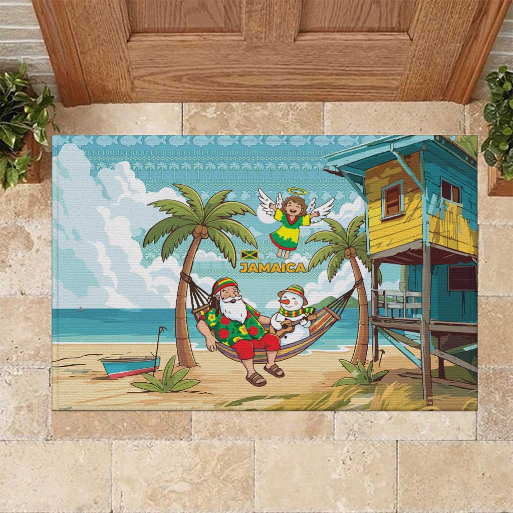 Jamaica Christmas Rubber Doormat with Rasta Santa Snowman Hammock Angel Palm Trees and Tropical Beach Design - Wonder Print Shop