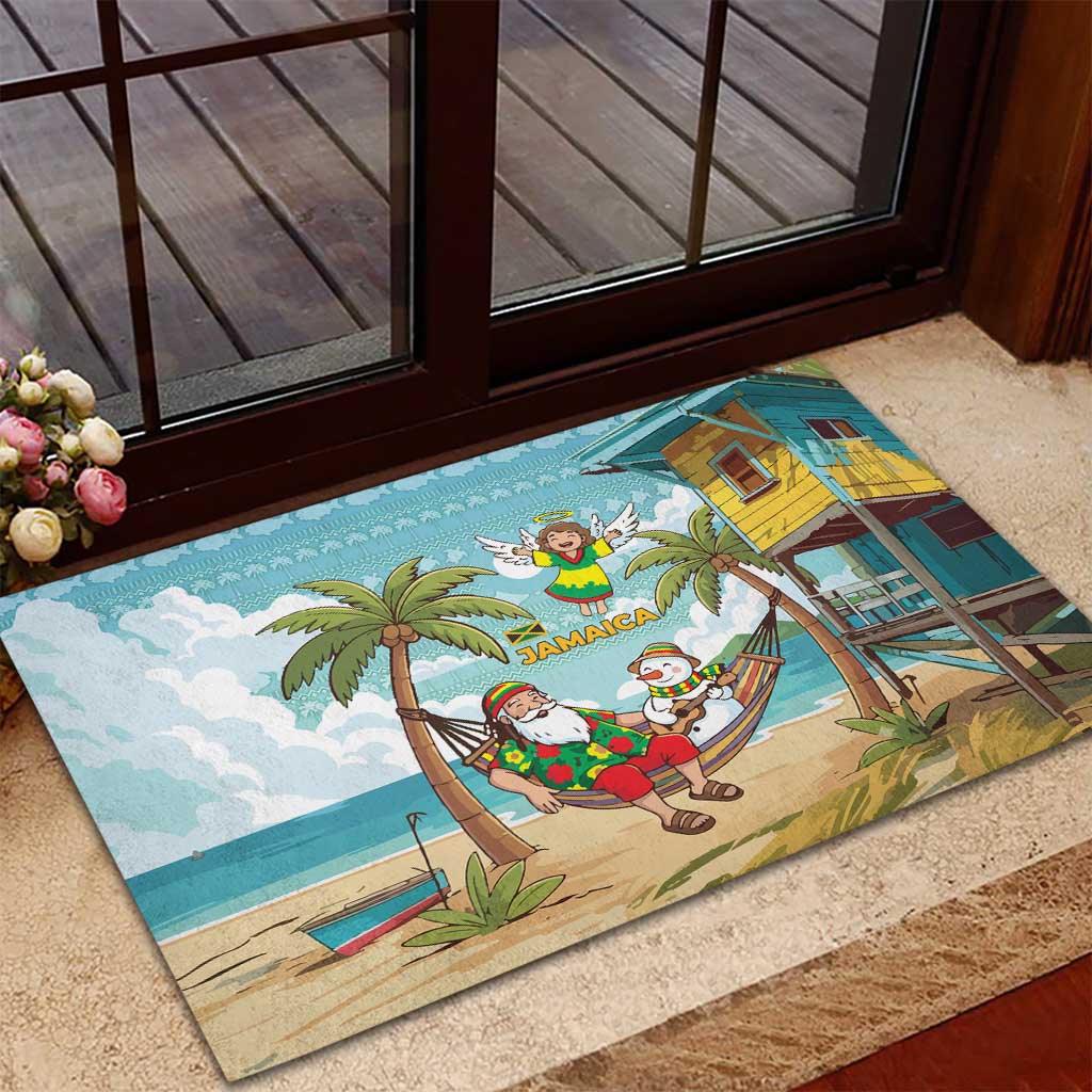 Jamaica Christmas Rubber Doormat with Rasta Santa Snowman Hammock Angel Palm Trees and Tropical Beach Design - Wonder Print Shop