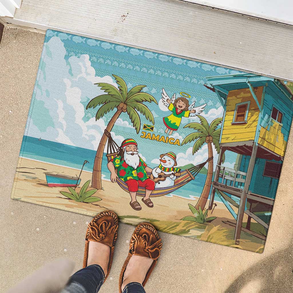 Jamaica Christmas Rubber Doormat with Rasta Santa Snowman Hammock Angel Palm Trees and Tropical Beach Design - Wonder Print Shop