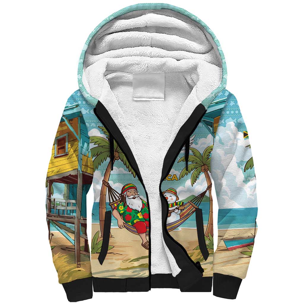 Jamaica Christmas Sherpa Hoodie with Rasta Santa Snowman Hammock Angel Palm Trees and Tropical Beach Design - Wonder Print Shop