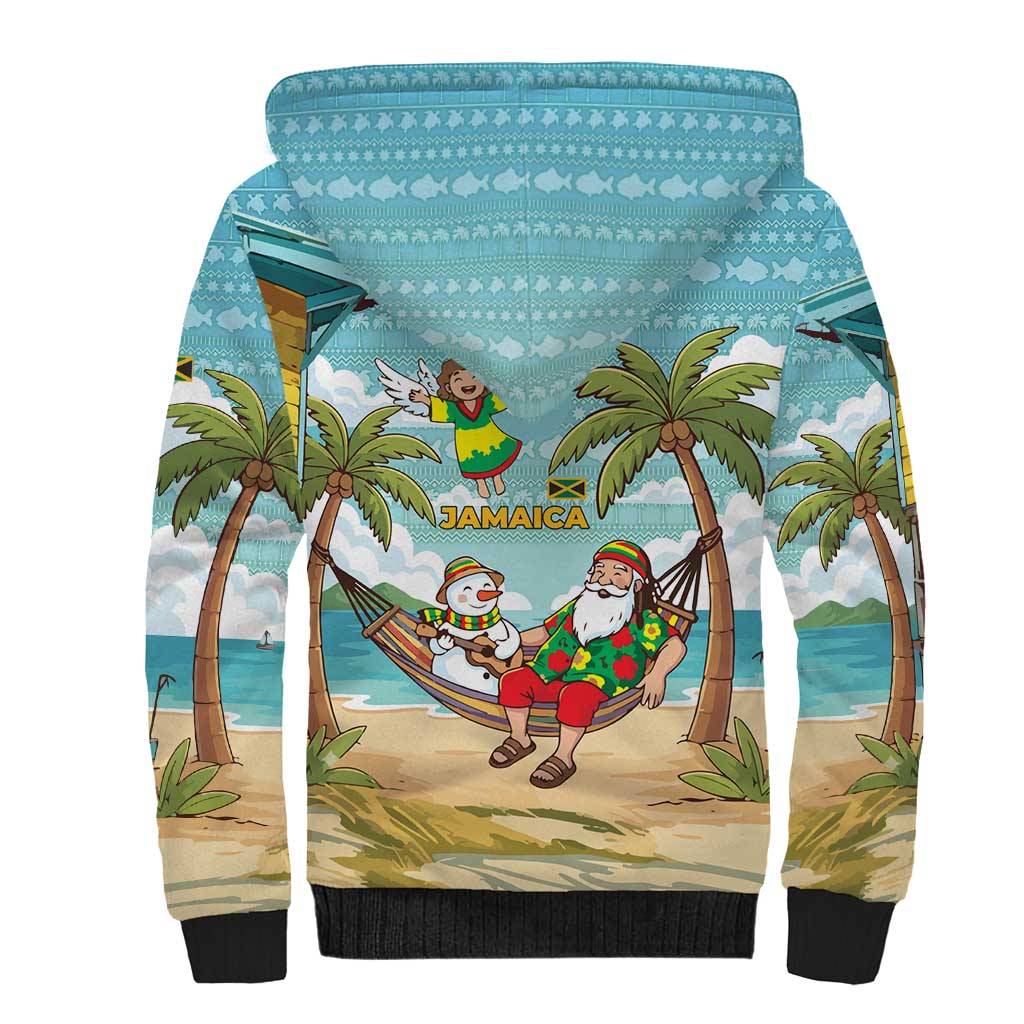 Jamaica Christmas Sherpa Hoodie with Rasta Santa Snowman Hammock Angel Palm Trees and Tropical Beach Design - Wonder Print Shop