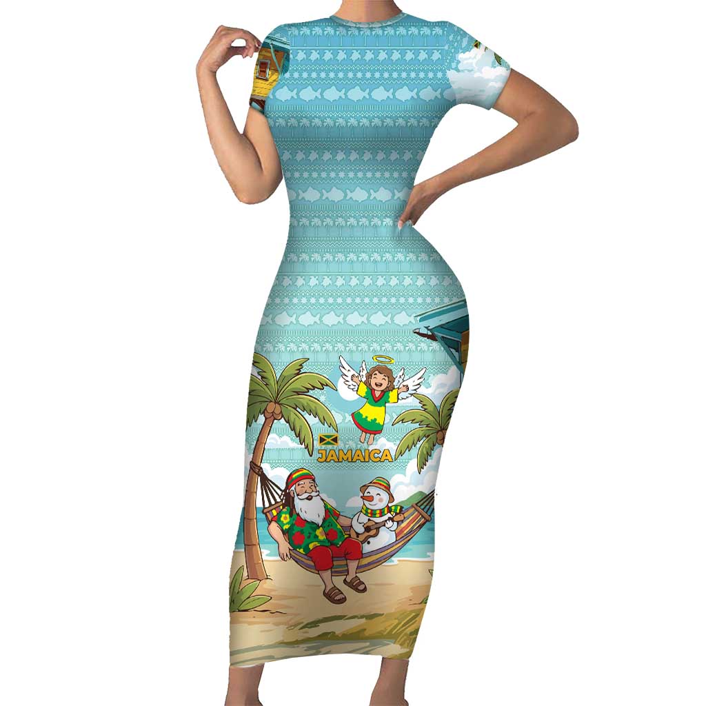 Jamaica Christmas Short Sleeve Bodycon Dress with Rasta Santa Snowman Hammock Angel Palm Trees and Tropical Beach Design - Wonder Print Shop
