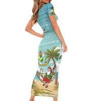 Jamaica Christmas Short Sleeve Bodycon Dress with Rasta Santa Snowman Hammock Angel Palm Trees and Tropical Beach Design - Wonder Print Shop