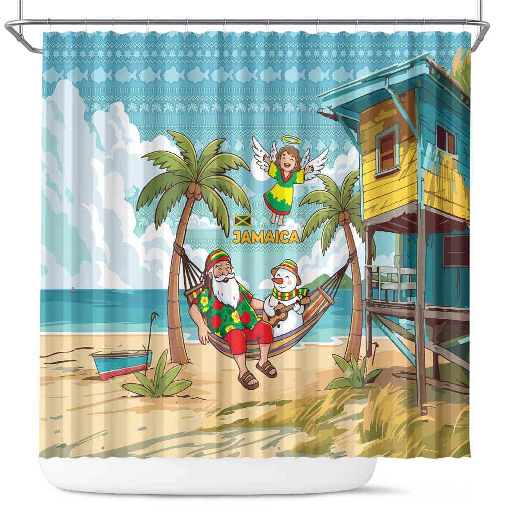Jamaica Christmas Shower Curtain with Rasta Santa Snowman Hammock Angel Palm Trees and Tropical Beach Design - Wonder Print Shop