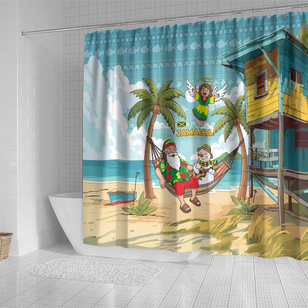 Jamaica Christmas Shower Curtain with Rasta Santa Snowman Hammock Angel Palm Trees and Tropical Beach Design - Wonder Print Shop