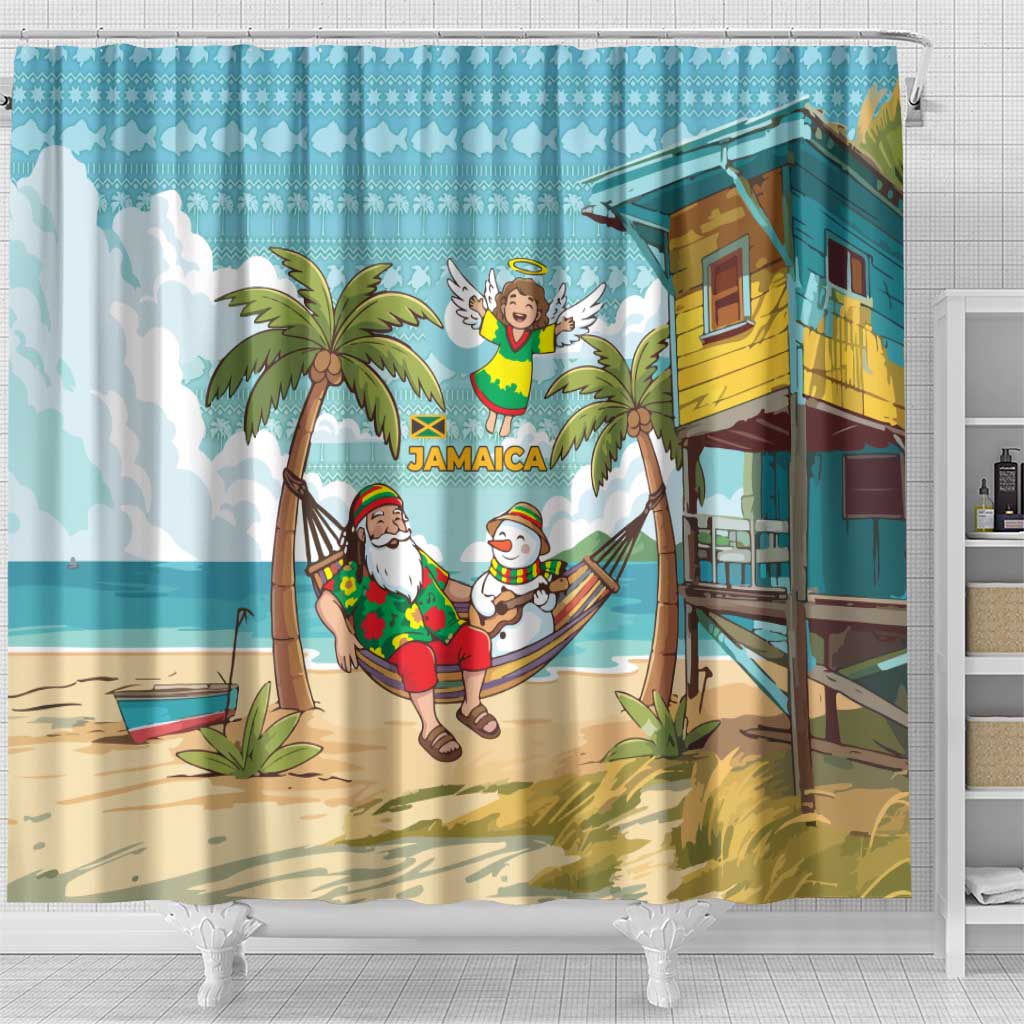 Jamaica Christmas Shower Curtain with Rasta Santa Snowman Hammock Angel Palm Trees and Tropical Beach Design - Wonder Print Shop