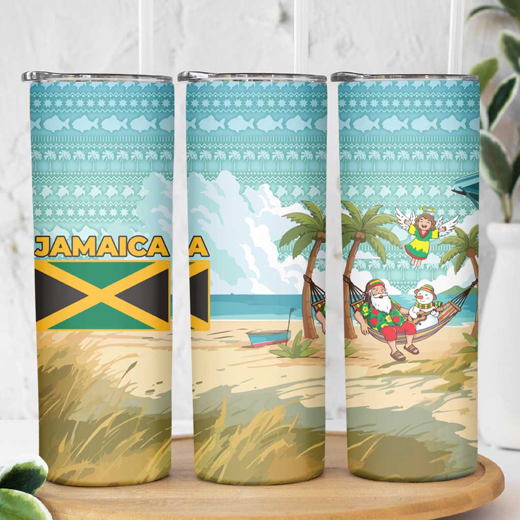 Jamaica Christmas Skinny Tumbler with Rasta Santa Snowman Hammock Angel Palm Trees and Tropical Beach Design - Wonder Print Shop