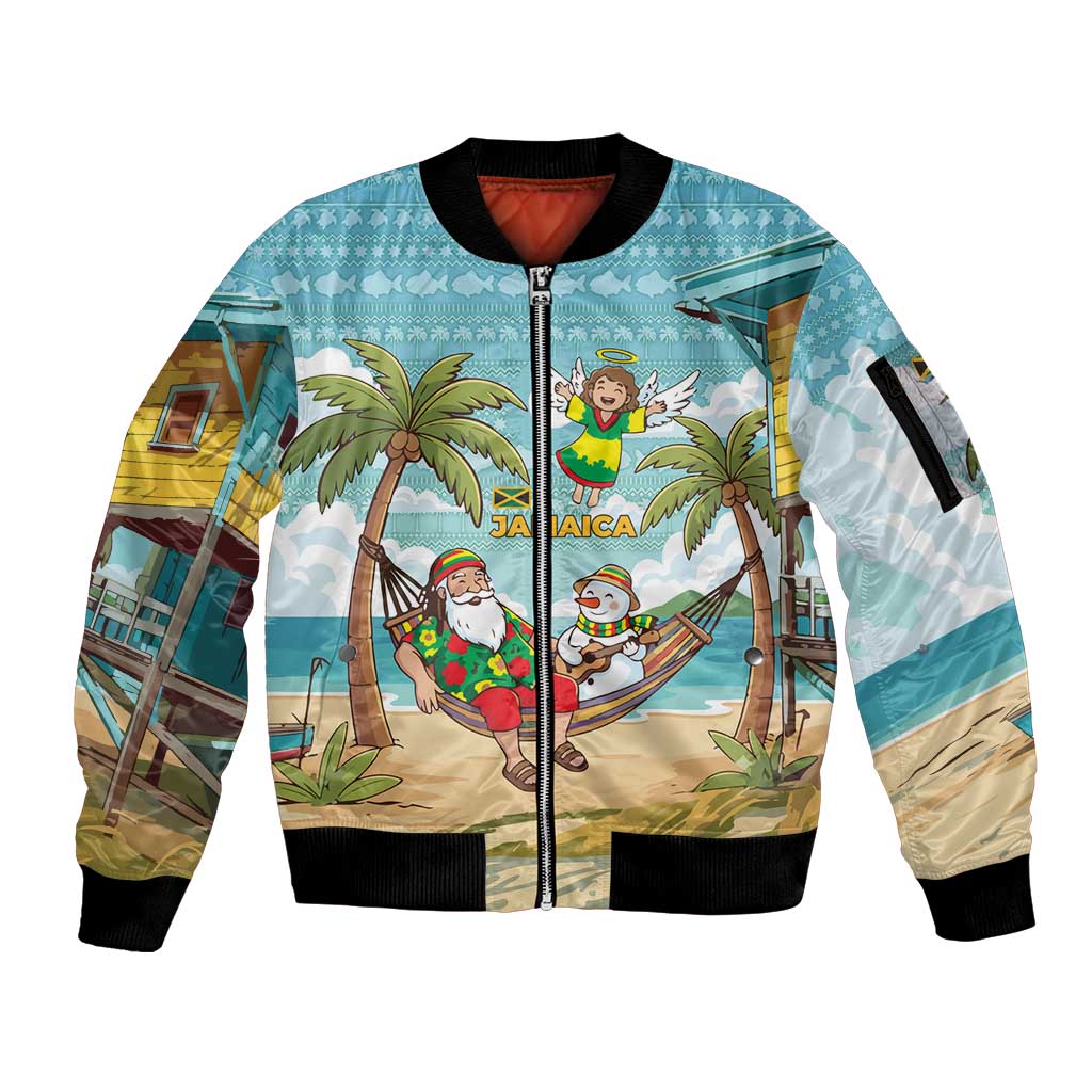 Jamaica Christmas Sleeve Zip Bomber Jacket with Rasta Santa Snowman Hammock Angel Palm Trees and Tropical Beach Design - Wonder Print Shop
