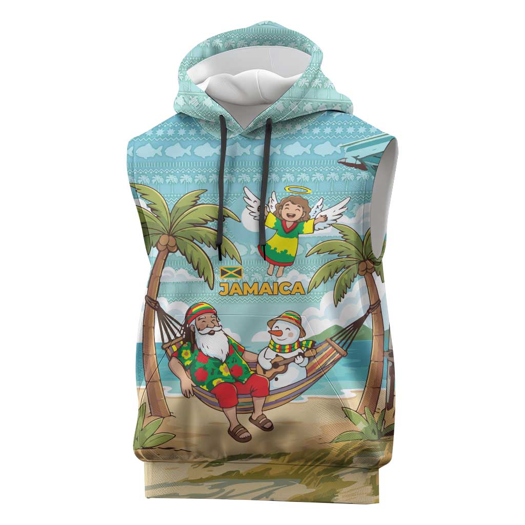 Jamaica Christmas Sleeveless Hoodie with Rasta Santa Snowman Hammock Angel Palm Trees and Tropical Beach Design - Wonder Print Shop