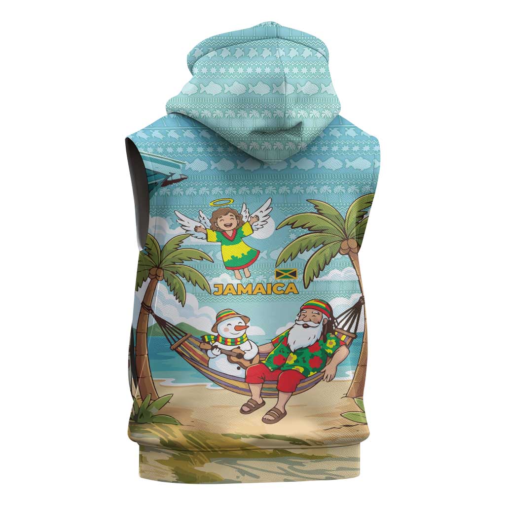 Jamaica Christmas Sleeveless Hoodie with Rasta Santa Snowman Hammock Angel Palm Trees and Tropical Beach Design - Wonder Print Shop