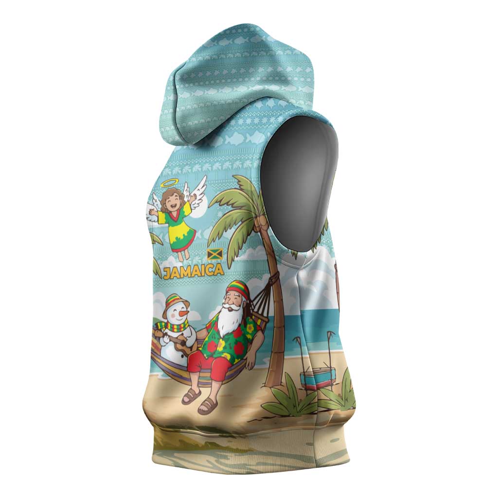 Jamaica Christmas Sleeveless Hoodie with Rasta Santa Snowman Hammock Angel Palm Trees and Tropical Beach Design - Wonder Print Shop