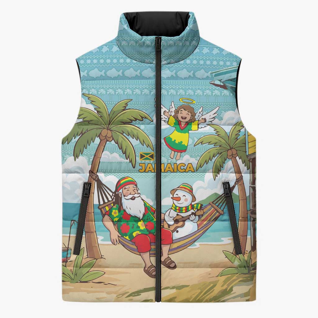 Jamaica Christmas Sleeveless Puffer Jacket with Rasta Santa Snowman Hammock Angel Palm Trees and Tropical Beach Design - Wonder Print Shop
