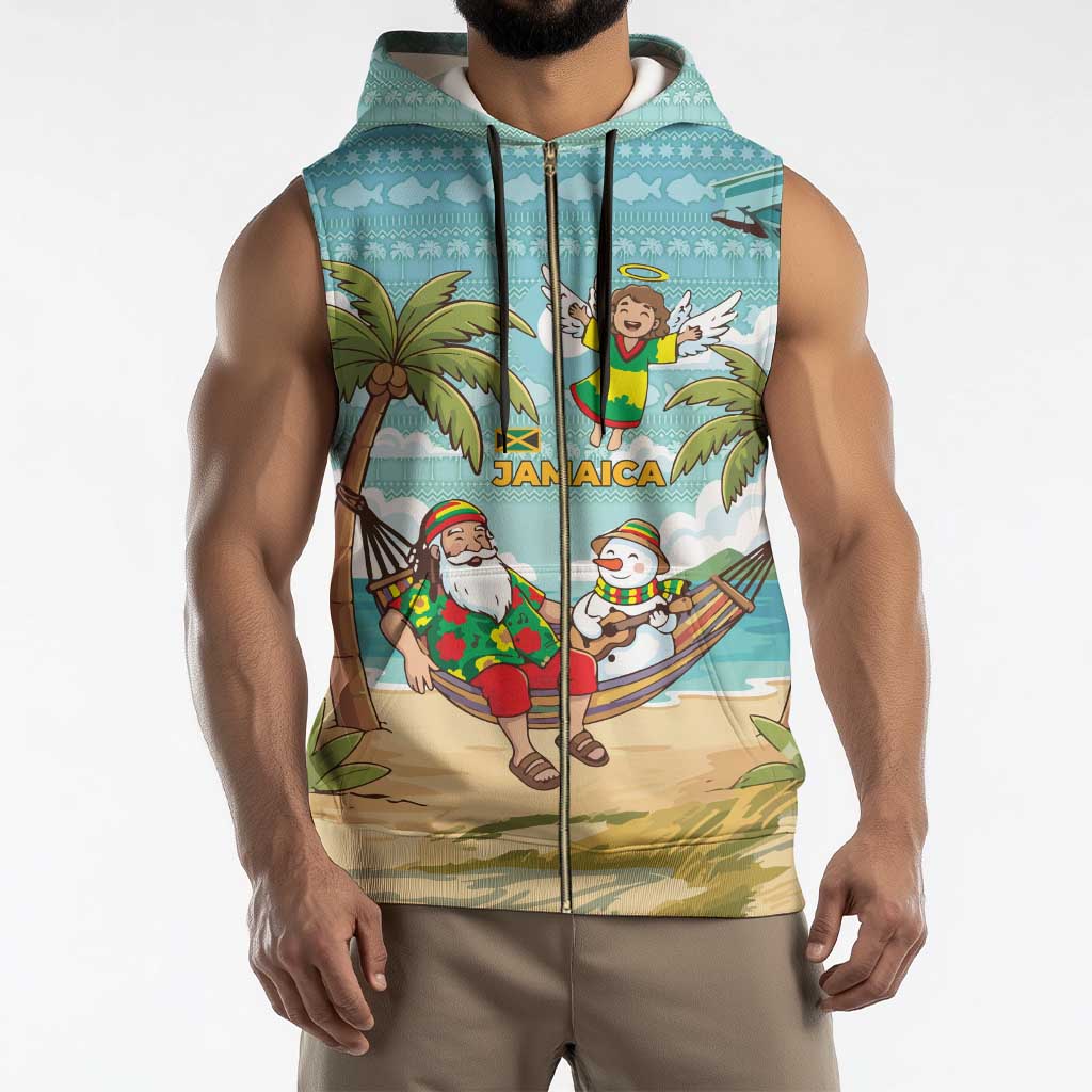 Jamaica Christmas Sleeveless Zip Hoodie with Rasta Santa Snowman Hammock Angel Palm Trees and Tropical Beach Design - Wonder Print Shop