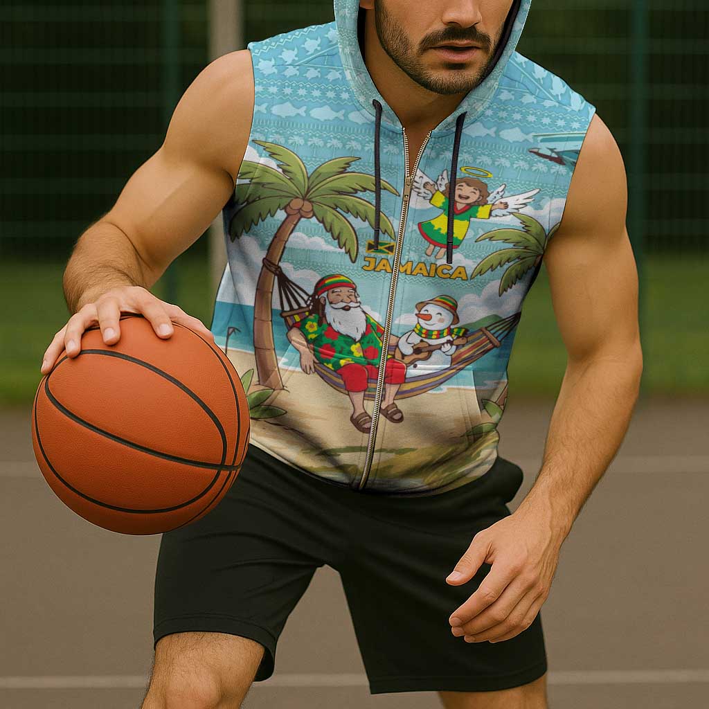 Jamaica Christmas Sleeveless Zip Hoodie with Rasta Santa Snowman Hammock Angel Palm Trees and Tropical Beach Design - Wonder Print Shop