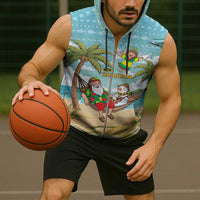 Jamaica Christmas Sleeveless Zip Hoodie with Rasta Santa Snowman Hammock Angel Palm Trees and Tropical Beach Design - Wonder Print Shop