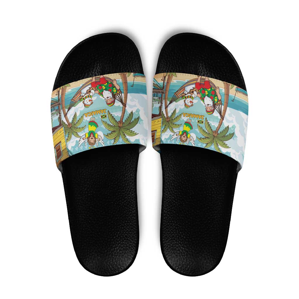 Jamaica Christmas Slide Sandals with Rasta Santa Snowman Hammock Angel Palm Trees and Tropical Beach Design - Wonder Print Shop
