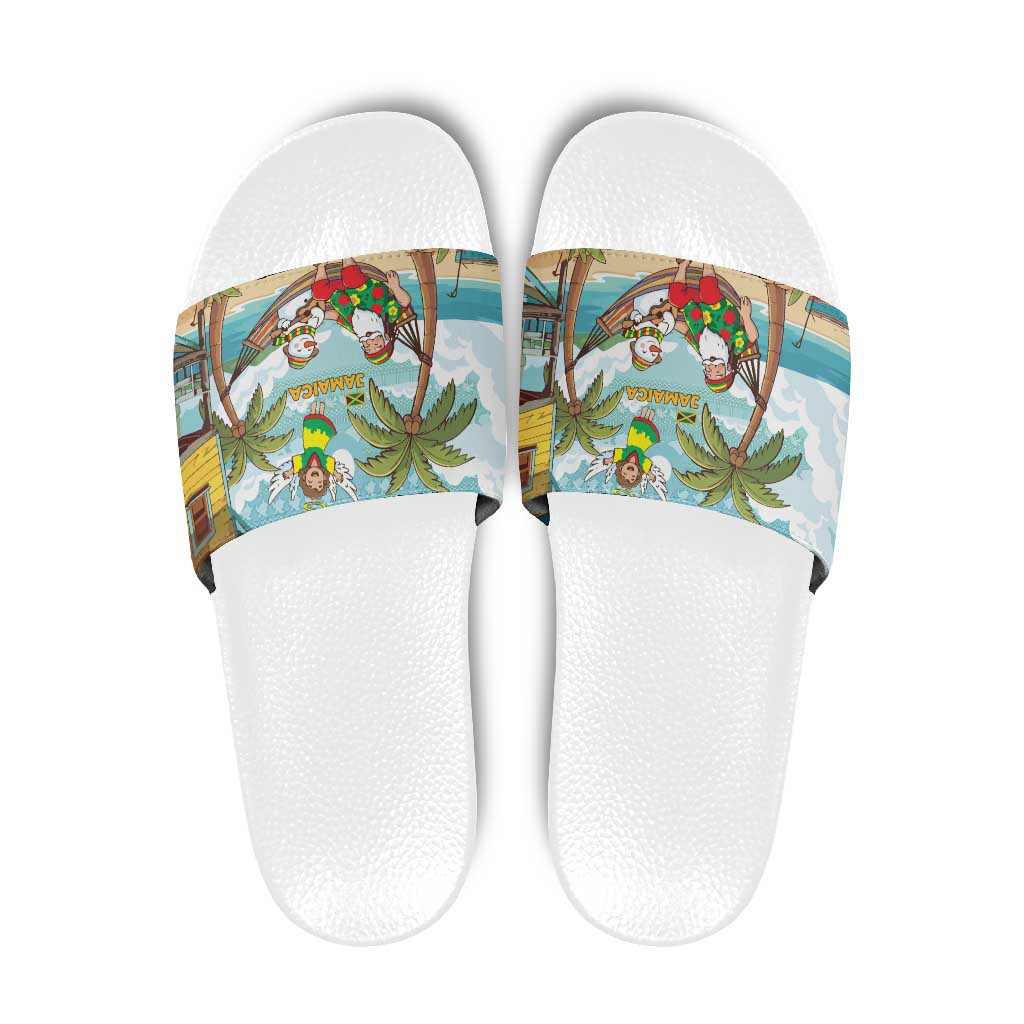 Jamaica Christmas Slide Sandals with Rasta Santa Snowman Hammock Angel Palm Trees and Tropical Beach Design - Wonder Print Shop