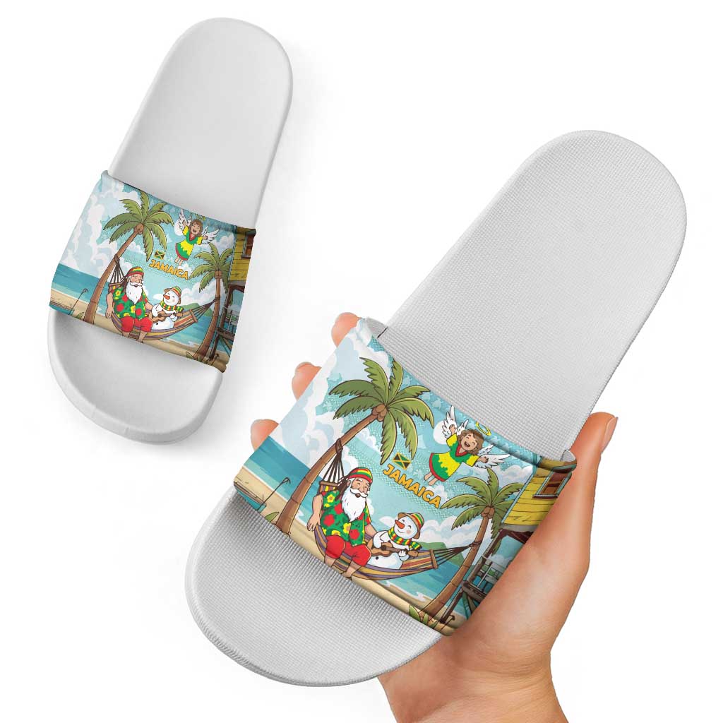 Jamaica Christmas Slide Sandals with Rasta Santa Snowman Hammock Angel Palm Trees and Tropical Beach Design - Wonder Print Shop