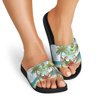 Jamaica Christmas Slide Sandals with Rasta Santa Snowman Hammock Angel Palm Trees and Tropical Beach Design - Wonder Print Shop