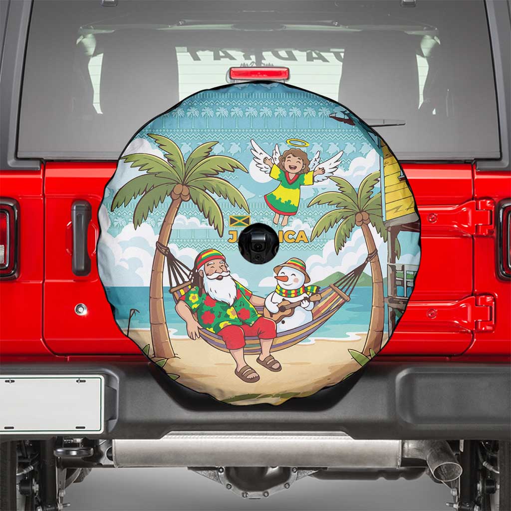 Jamaica Christmas Spare Tire Cover with Rasta Santa Snowman Hammock Angel Palm Trees and Tropical Beach Design - Wonder Print Shop