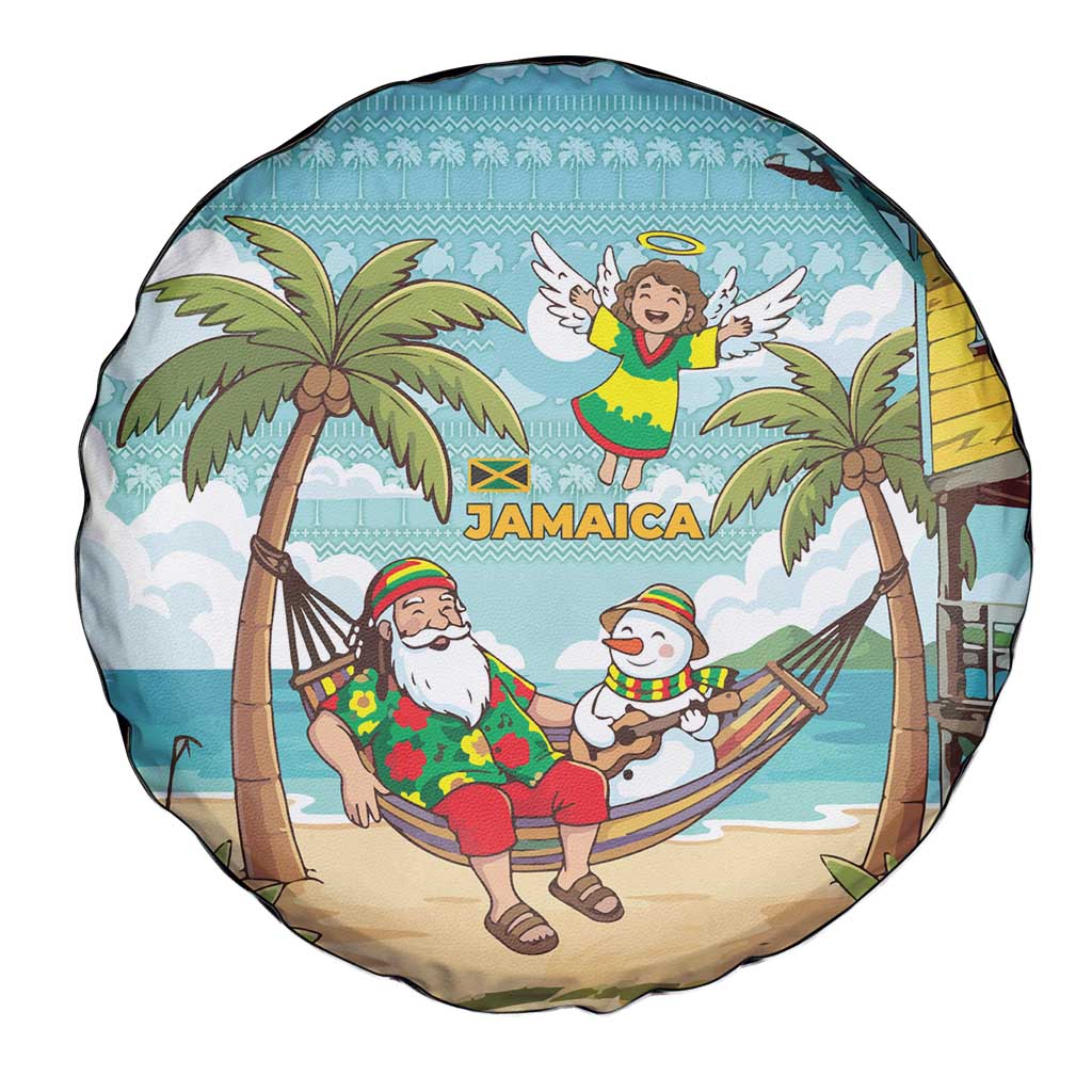 Jamaica Christmas Spare Tire Cover with Rasta Santa Snowman Hammock Angel Palm Trees and Tropical Beach Design - Wonder Print Shop