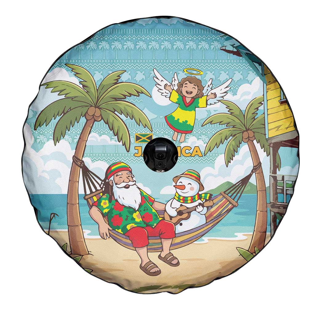 Jamaica Christmas Spare Tire Cover with Rasta Santa Snowman Hammock Angel Palm Trees and Tropical Beach Design - Wonder Print Shop