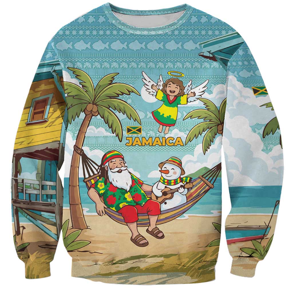 Jamaica Christmas Sweatshirt with Rasta Santa Snowman Hammock Angel Palm Trees and Tropical Beach Design - Wonder Print Shop