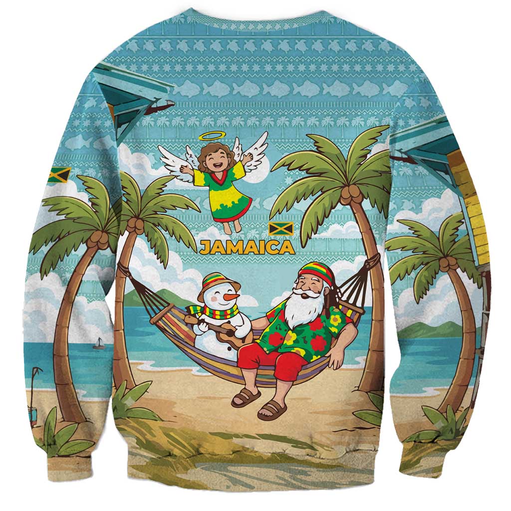 Jamaica Christmas Sweatshirt with Rasta Santa Snowman Hammock Angel Palm Trees and Tropical Beach Design - Wonder Print Shop