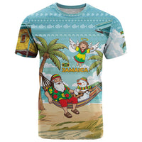 Jamaica Christmas T Shirt with Rasta Santa Snowman Hammock Angel Palm Trees and Tropical Beach Design - Wonder Print Shop