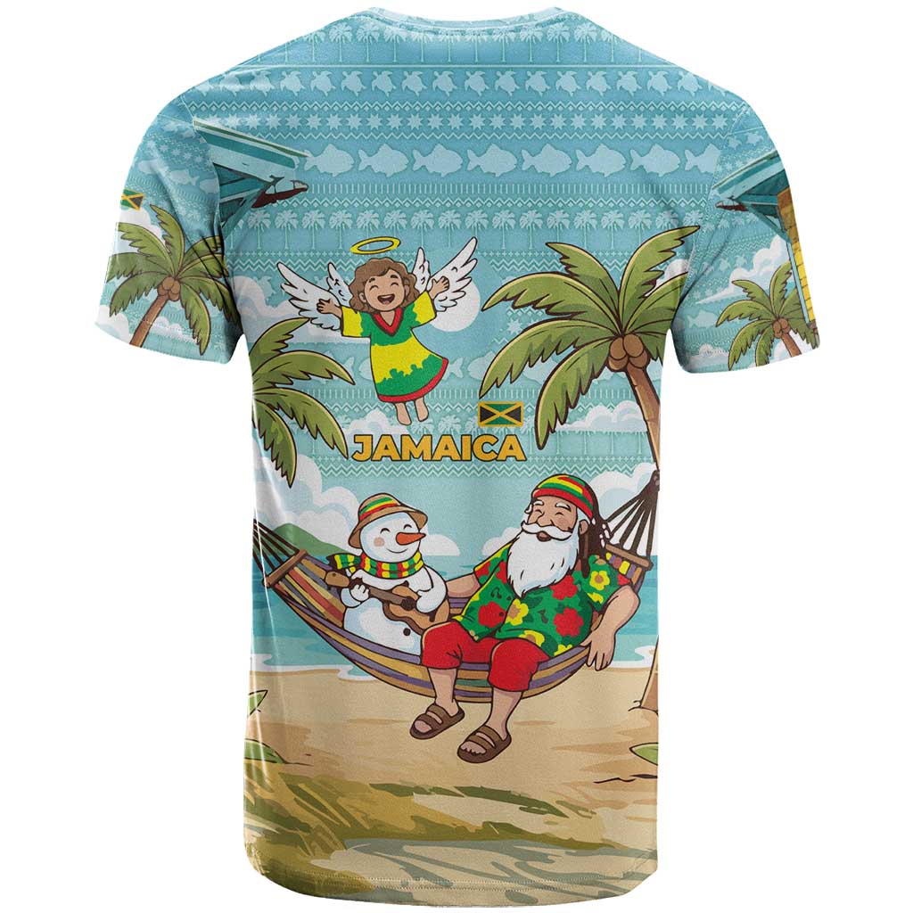 Jamaica Christmas T Shirt with Rasta Santa Snowman Hammock Angel Palm Trees and Tropical Beach Design - Wonder Print Shop