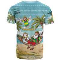 Jamaica Christmas T Shirt with Rasta Santa Snowman Hammock Angel Palm Trees and Tropical Beach Design - Wonder Print Shop
