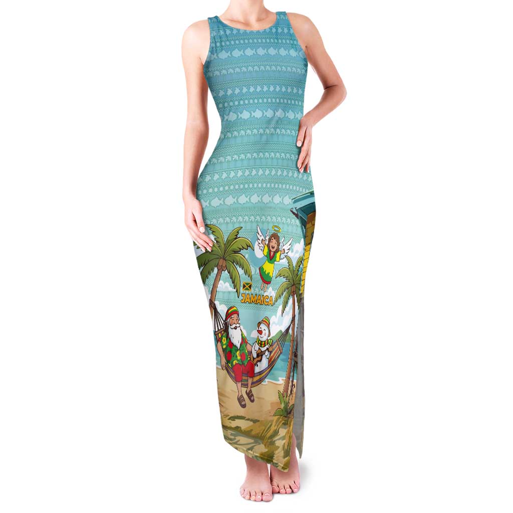 Jamaica Christmas Tank Maxi Dress with Rasta Santa Snowman Hammock Angel Palm Trees and Tropical Beach Design - Wonder Print Shop